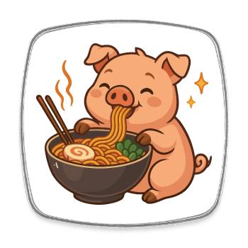Cochon aux nouilles, ramen, cochon kawaii - Magnet carré - blanc - Devant