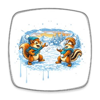 Funny snowball fight with chipmunks - Square fridge magnet - white - Front