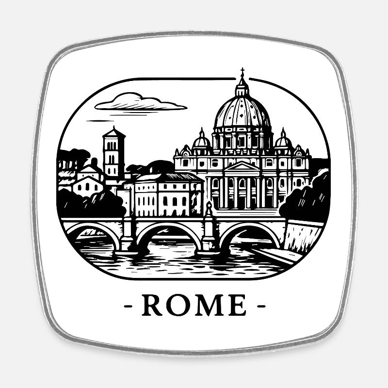 Panorama urbain avec cathédrale et pont - Lettrage de Rome - Magnet carré - blanc