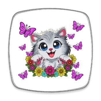 Un baiser de chat dans une couronne florale - Magnet carré - blanc - Devant