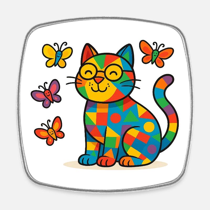 Patchwork-Katze mit bunten Schmetterlingen - Viereckiger Kühlschrankmagnet - Weiß