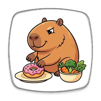Capybara avec un motif drôle d’animal avec un beignet et des légumes - Magnet carré - blanc - Devant