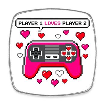 Player 1 Loves Player 2 Retro Video Game Valentine - Square fridge magnet - white - Front