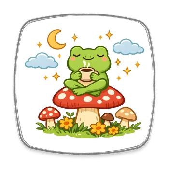 Süßer Kaffee-Frosch auf Pilz– Cozy Night Vibes - Viereckiger Kühlschrankmagnet - Weiß - Vorne