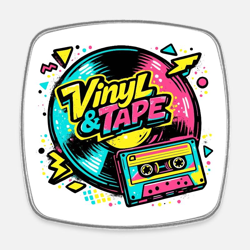 Vinyle & Cassette Néon Rétro - Magnet carré - blanc
