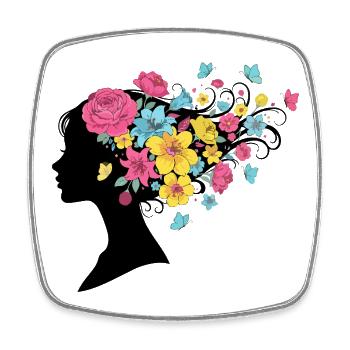 Frauenkopf mit langen Blumen Schmetterling Haaren - Viereckiger Kühlschrankmagnet - Weiß - Vorne