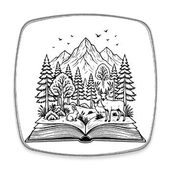 Berge, Wald und offenes Buch - Viereckiger Kühlschrankmagnet - Weiß - Vorne