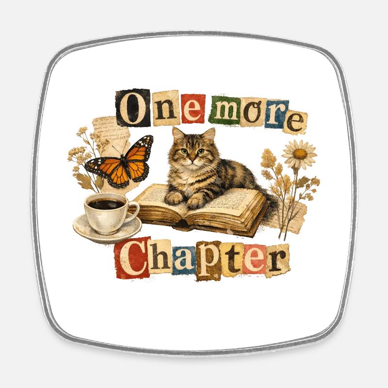 One More Chapter - Cozy Reading Cat - Square fridge magnet - white