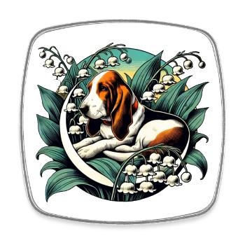 Basset Hound im Lily Valley - Viereckiger Kühlschrankmagnet - Weiß - Vorne