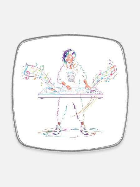 Dj Woman Playing Music Mixer Instrument Drawing - Square fridge magnet - white