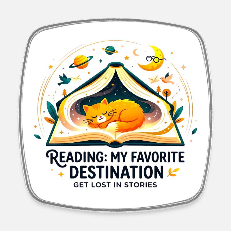 Reading_Cat_Favorite_Destination - Magnet carré - blanc