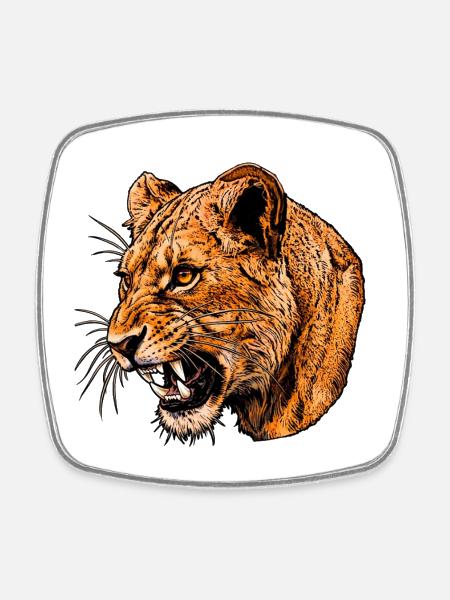 Growling lioness head illustration - Square fridge magnet - white