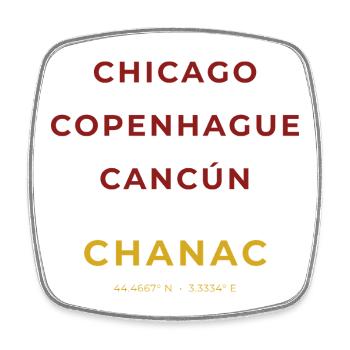 Chanac Lozère - Chicago - Copenhague - Cancùn - Magnet carré - blanc - Devant