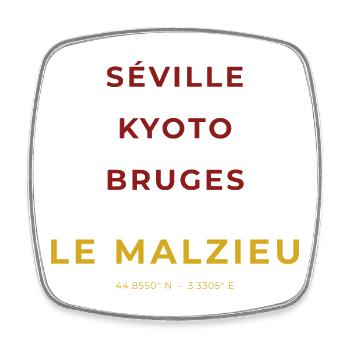 Le Malzieu Lozère - Séville - Kyoto - Bruges - Magnet carré - blanc - Devant