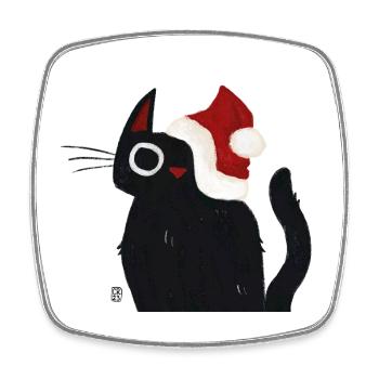Schwarze Katze mit Weihnachtsmütze - Viereckiger Kühlschrankmagnet - Weiß - Vorne