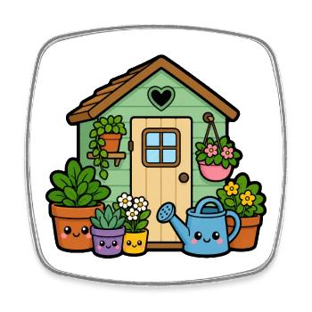Kleines Gartenhäuschen mit Pflanzen - Viereckiger Kühlschrankmagnet - Weiß - Vorne