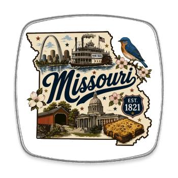 Missouri Show Me State Vintage-Reiseaufkleber - Viereckiger Kühlschrankmagnet - Weiß - Vorne