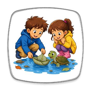 Children's Turtle Leaf Boat in Puddle Cute Motif - Square fridge magnet - white - Front