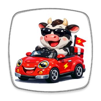 Tough cow in red convertible - Square fridge magnet - white - Front