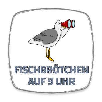 Fish sandwich at 9 o'clock - seagull with binoculars - Square fridge magnet - white - Front