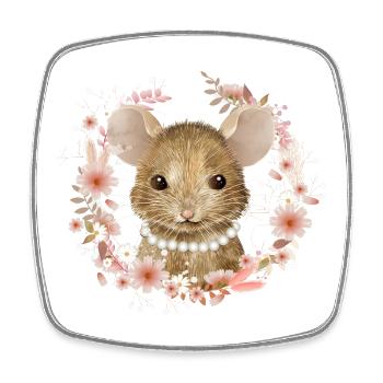 Fille souris avec des perles en couronne rose florale - Magnet carré - blanc - Devant