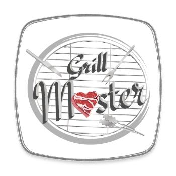 A barbecue with barbecue utensils and heart-shaped meat - Square fridge magnet - white - Front