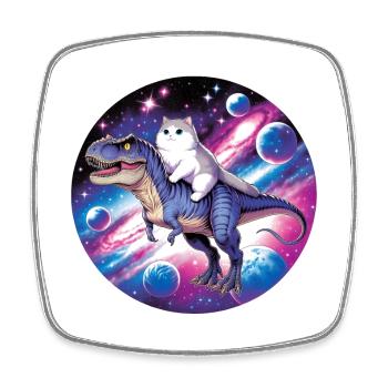 Cosmos Animal Rider: Cat on Dino - Square fridge magnet - white - Front
