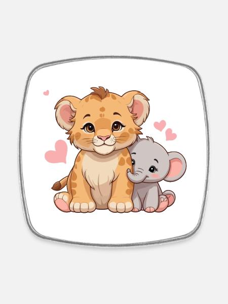 Baby Lion & Baby Elephant – Sweet Friendship Motif - Square fridge magnet - white