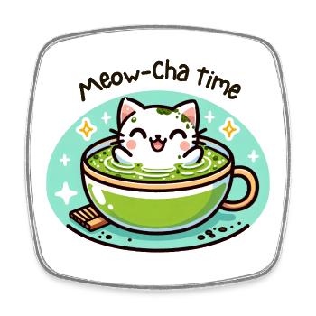 Meow-Cha Time – Kawaii Katzen Matcha Geschenk - Viereckiger Kühlschrankmagnet - Weiß - Vorne
