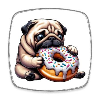Süßer Mops mit Donut Cartoon lustig Naschen - Viereckiger Kühlschrankmagnet - Weiß - Vorne