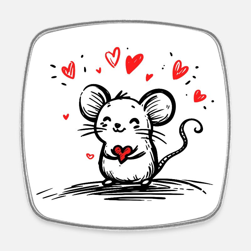 Mouse in Love with Floating Hearts - Square fridge magnet - white