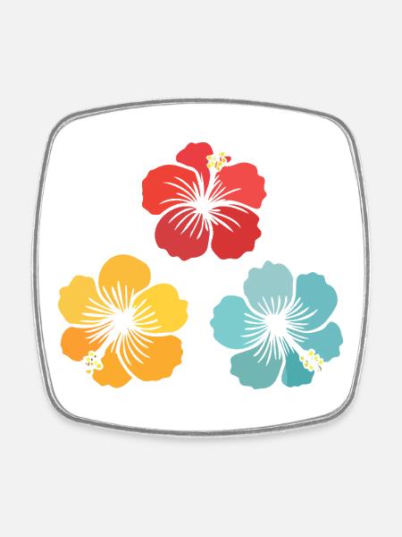 Trio d’hibiscus – Fleurs vintage (rouge, jaune, turquoise) - Magnet carré - blanc