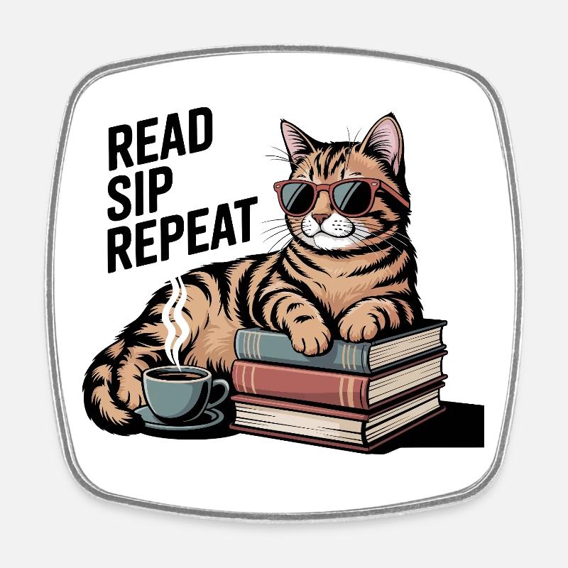 Read Sip Repeat Cat Coffee Book - Square fridge magnet - white