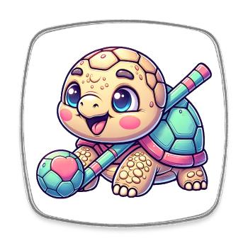 Tortue mignonne avec bâton de hockey et balle - Magnet carré - blanc - Devant