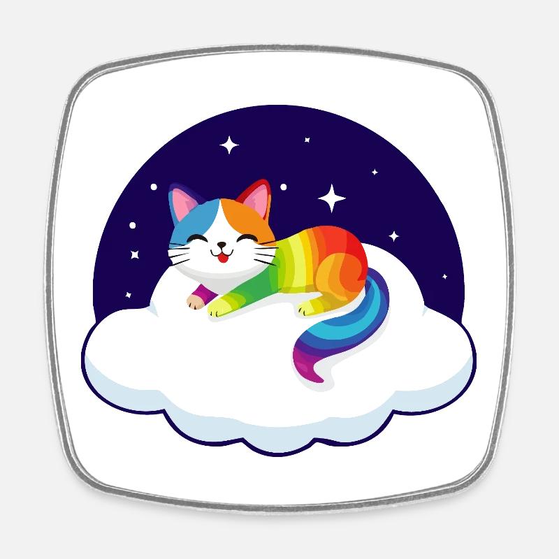Kunterbunte Katze schwebt auf Wolke (Nacht) - Viereckiger Kühlschrankmagnet - Weiß