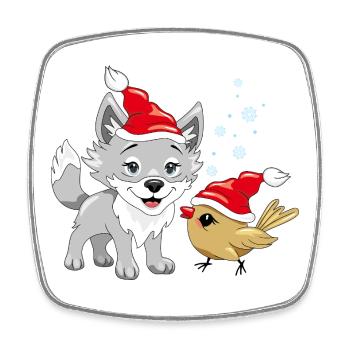 Smiling wolf and cute birdie in Christmas hats - Square fridge magnet - white - Front