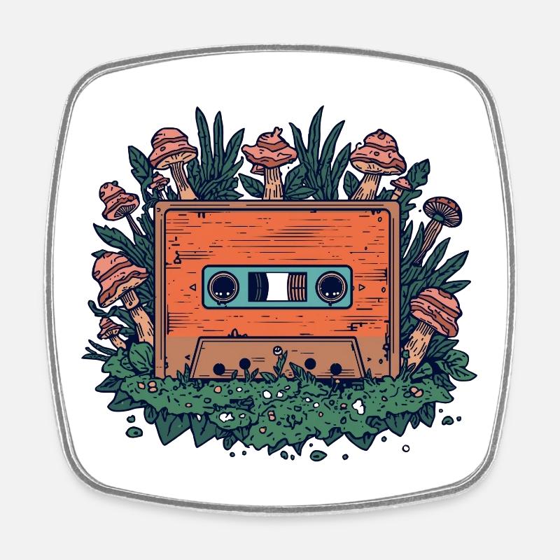 Retro cassette and forest mushrooms - Square fridge magnet - white