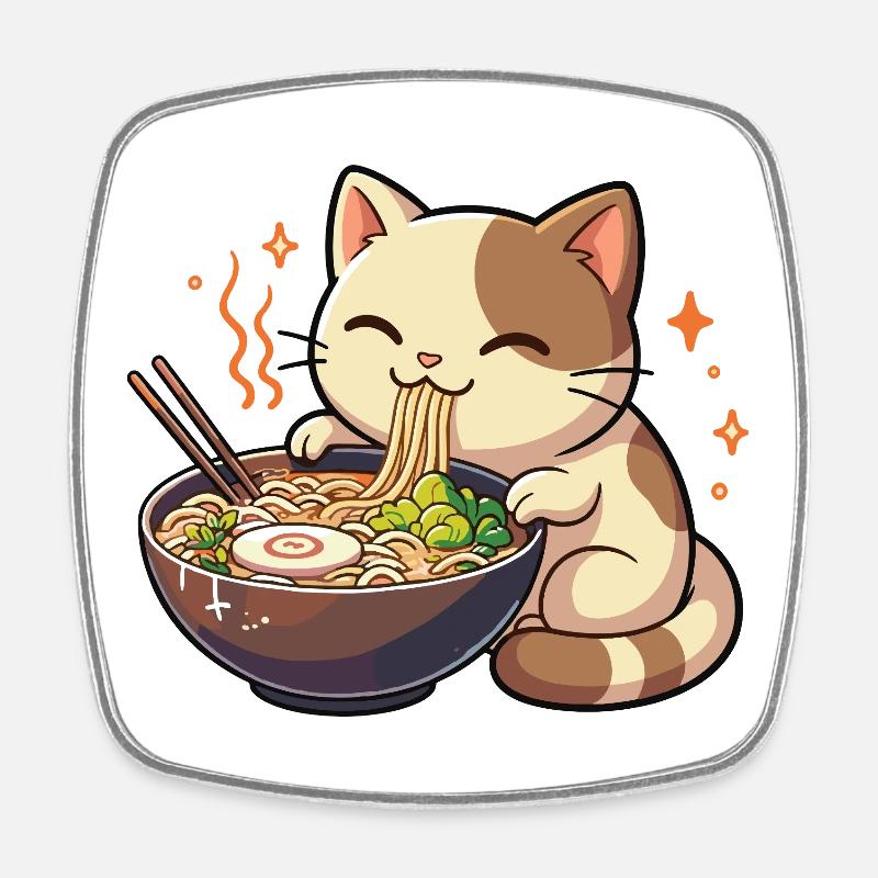 Chat aux nouilles, ramen, chat kawaii - Magnet carré - blanc