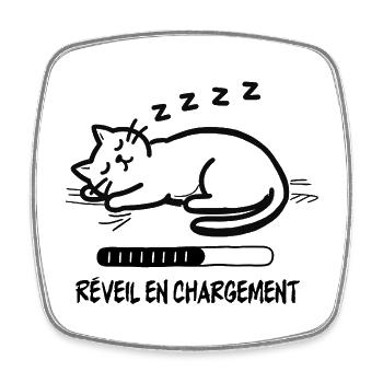 Chat endormi, réveil en chargement - Magnet carré - blanc - Devant