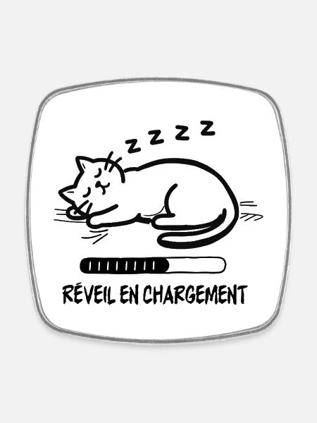 Chat endormi, réveil en chargement - Magnet carré - blanc