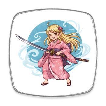 Fille samouraï d’anime en kimono avec un katana - Magnet carré - blanc - Devant