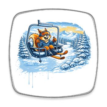 Écureuil drôle dans le téléski – motif des plaisirs hivernaux - Magnet carré - blanc - Devant