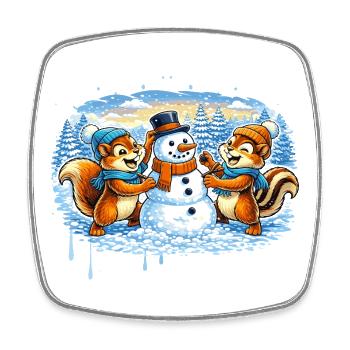 Drôle d’animaux d’hiver construisant un bonhomme de neige – Bande dessinée - Magnet carré - blanc - Devant