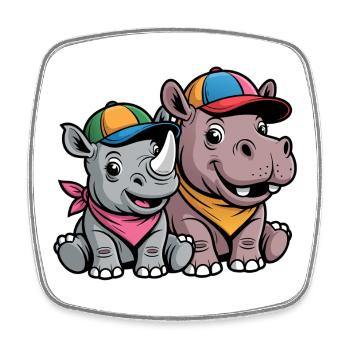 Bébé Rhinocéros et Hippopotame Drôles – Duo d’animaux mignons - Magnet carré - blanc - Devant