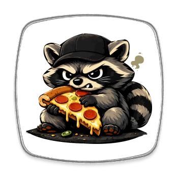 Raton laveur pizza avec chapeau - Magnet carré - blanc - Devant