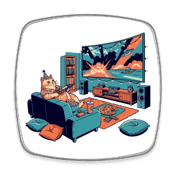 Cat cinema in the living room Cinema cat Chillout cat - Square fridge magnet - white - Front