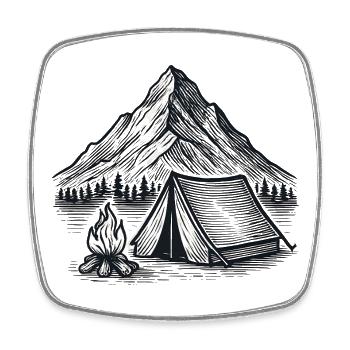 Mountain camping tent by the fire – line art - Square fridge magnet - white - Front