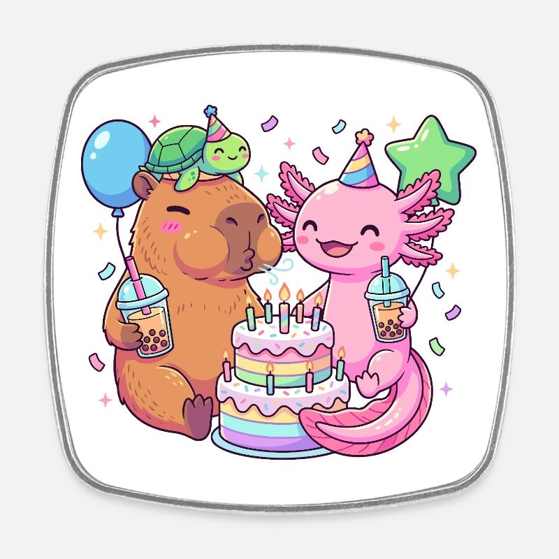 Capybara Axolotl Turtle Birthday Cake Party - Square fridge magnet - white