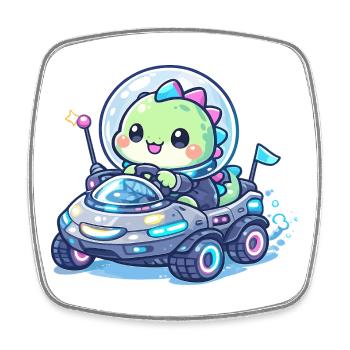 Kawaii Dino in the Space Rover - Square fridge magnet - white - Front