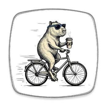 Capybara à vélo avec du café – Humour animal - Magnet carré - blanc - Devant